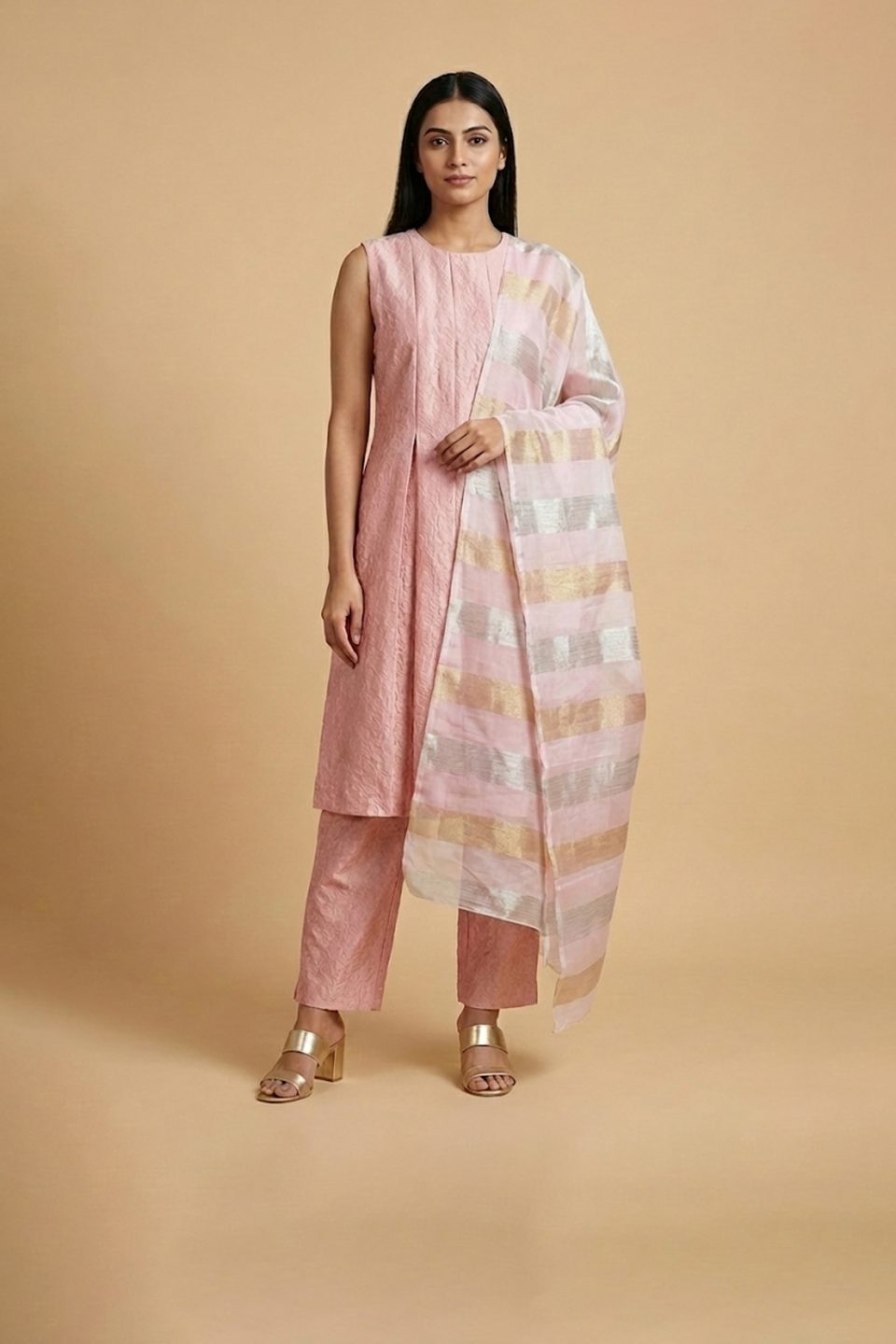 Soft pink kurta pant set with matching dupatta for women
