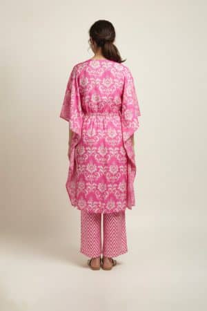 Pink printed kaftan kurta set with palazzo pants