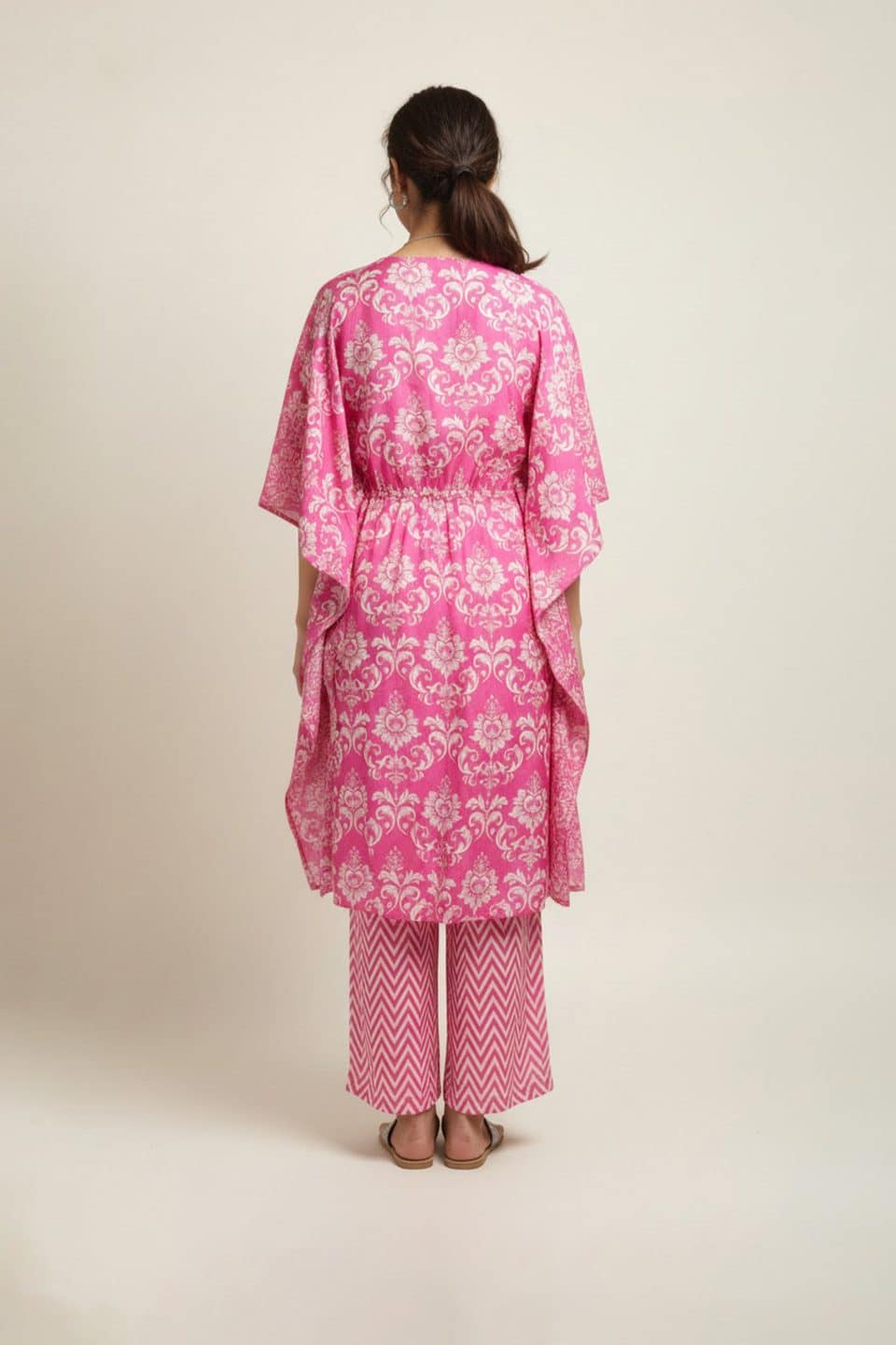 Pink printed kaftan kurta set with palazzo pants