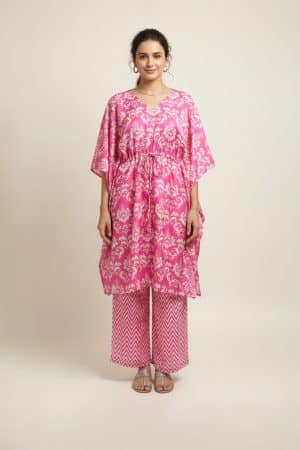 Pink printed kaftan kurta set with palazzo pants