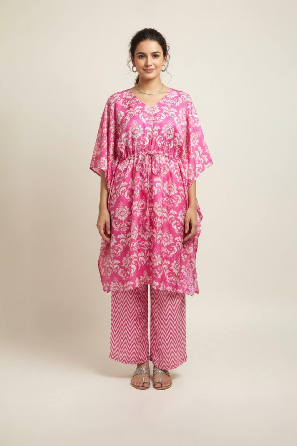 Pink printed kaftan kurta set with palazzo pants