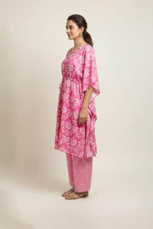 Pink printed kaftan kurta set with palazzo pants
