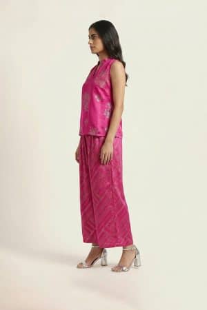 Pink sleeveless kurta set with printed palazzo pants