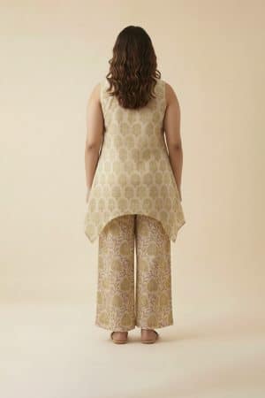 "Handblock cotton tunic set in yellow floral print"