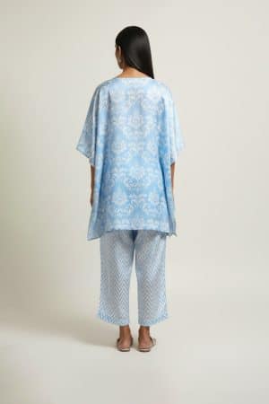 Light blue satin kaftan kurta set with printed palazzo pants