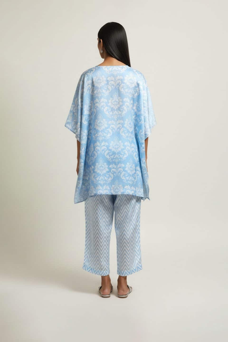 Light blue satin kaftan kurta set with printed palazzo pants
