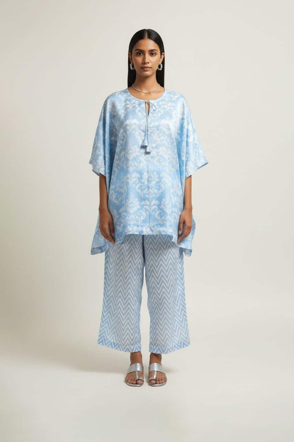 Light blue satin kaftan kurta set with printed palazzo pants