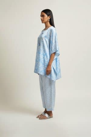 Light blue satin kaftan kurta set with printed palazzo pants