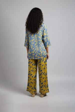 Blue and yellow printed kurta palazzo set with three-quarter sleeves