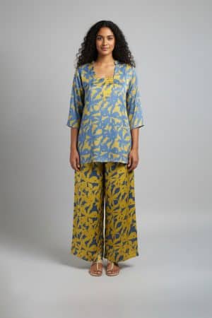 Blue and yellow printed kurta palazzo set with three-quarter sleeves