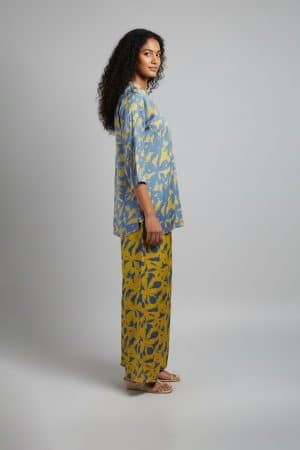 Blue and yellow printed kurta palazzo set with three-quarter sleeves