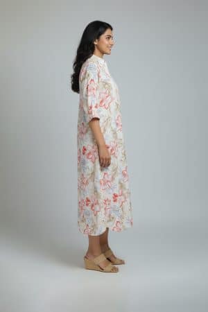 Floral cotton shirt dress with three-quarter sleeves