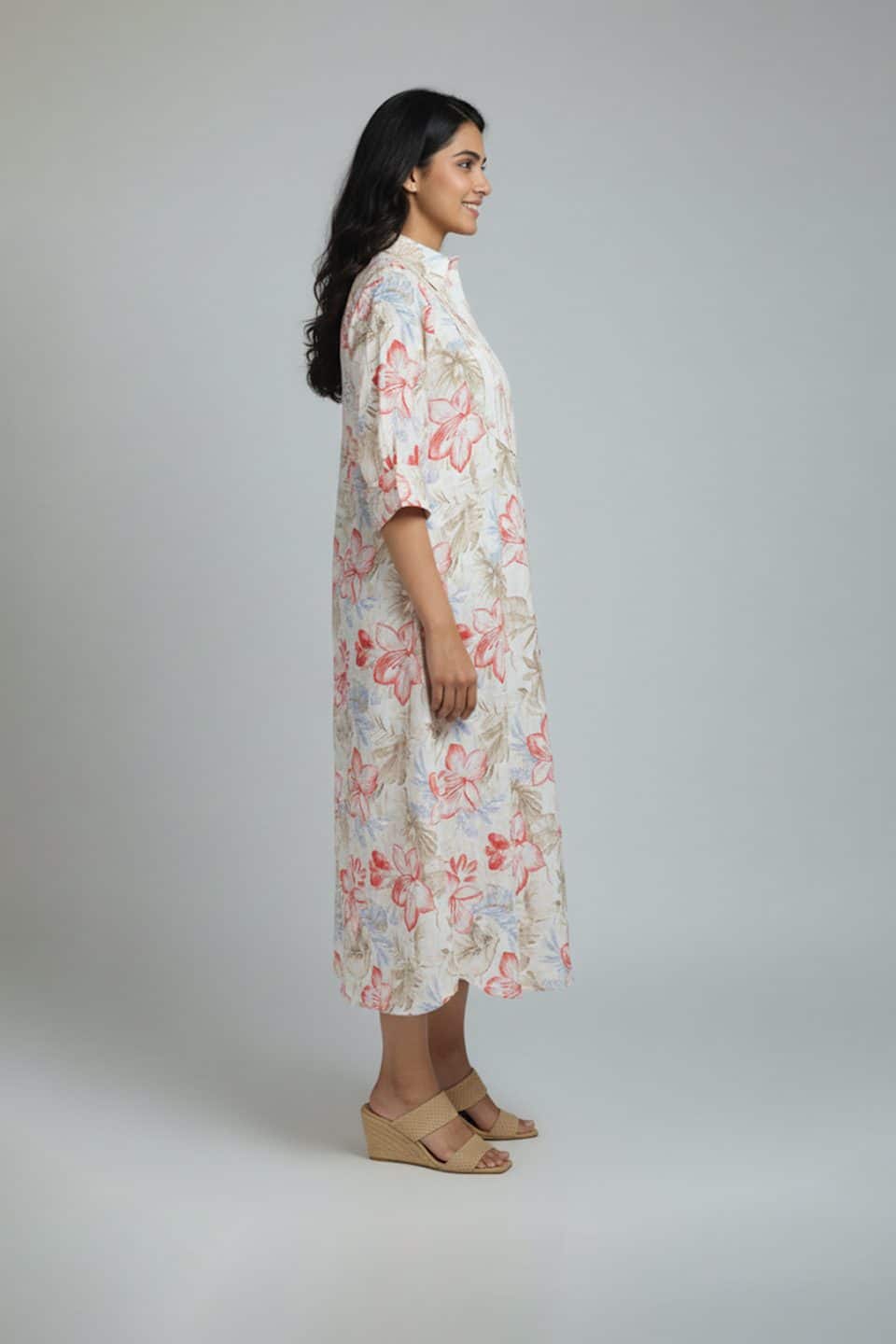 Floral cotton shirt dress with three-quarter sleeves