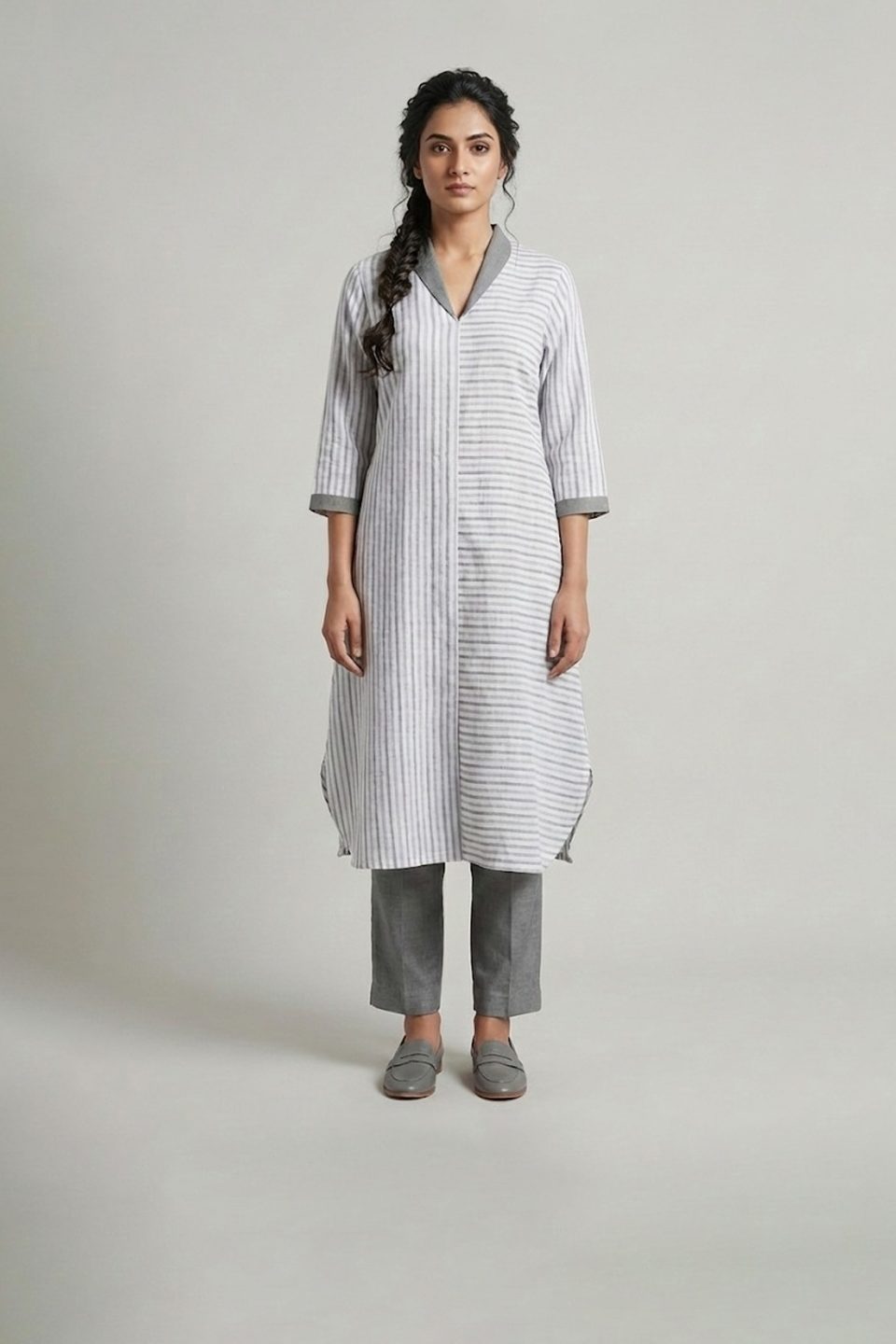 Grey striped kurta with matching straight pants for women