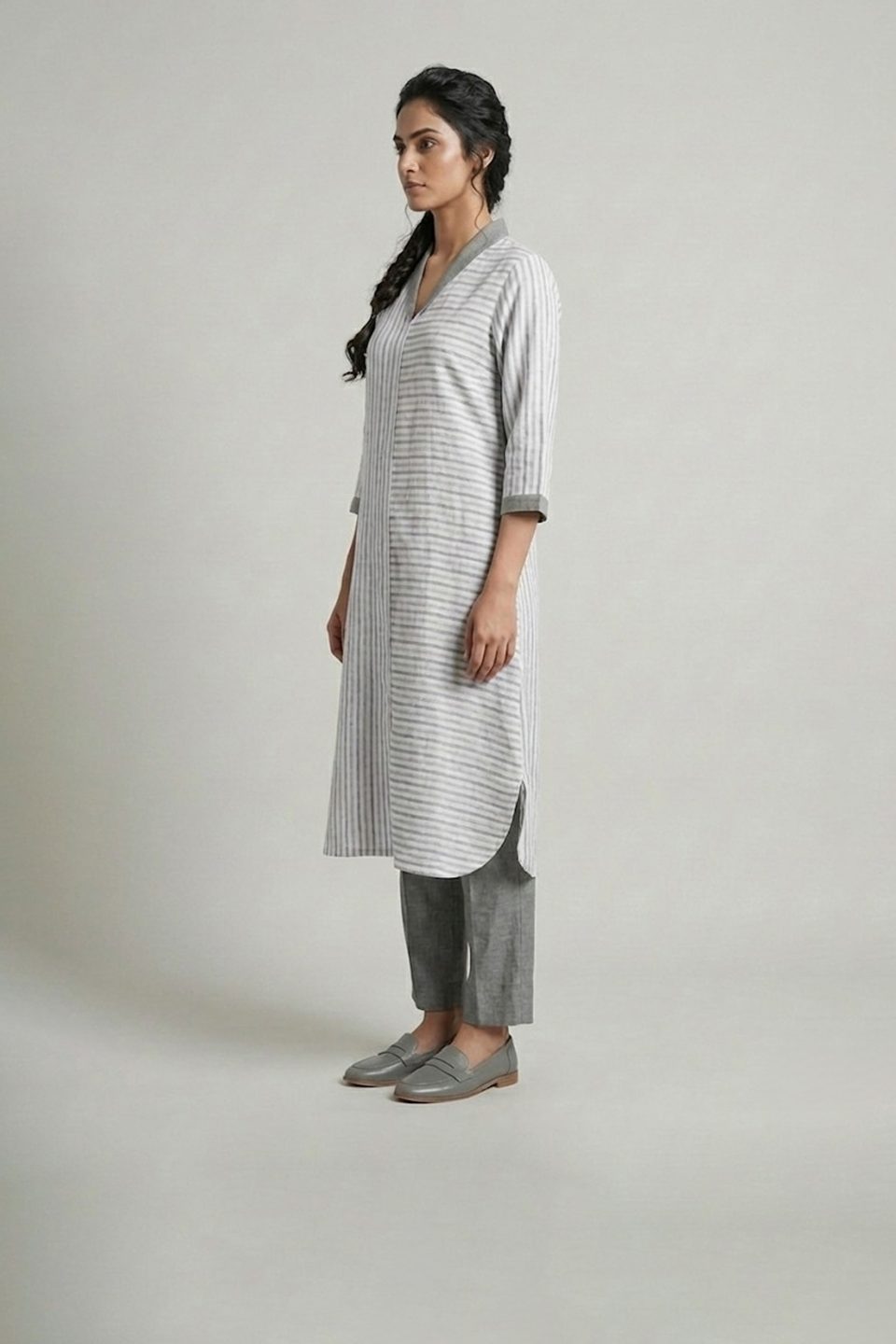 Grey striped kurta with matching straight pants for women