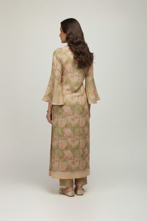 Olive floral kurta set with long printed kurta and matching pants