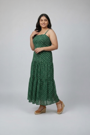 Green bandhani printed sleeveless tiered dress