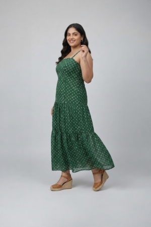 Green bandhani printed sleeveless tiered dress