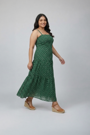 Green bandhani printed sleeveless tiered dress