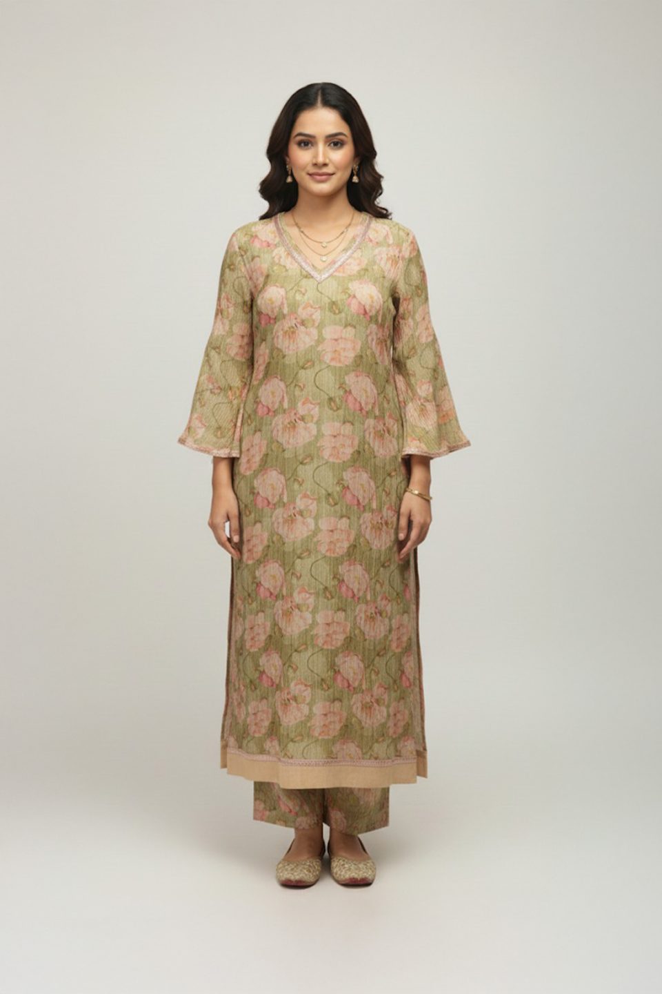 Olive floral kurta set with long printed kurta and matching pants
