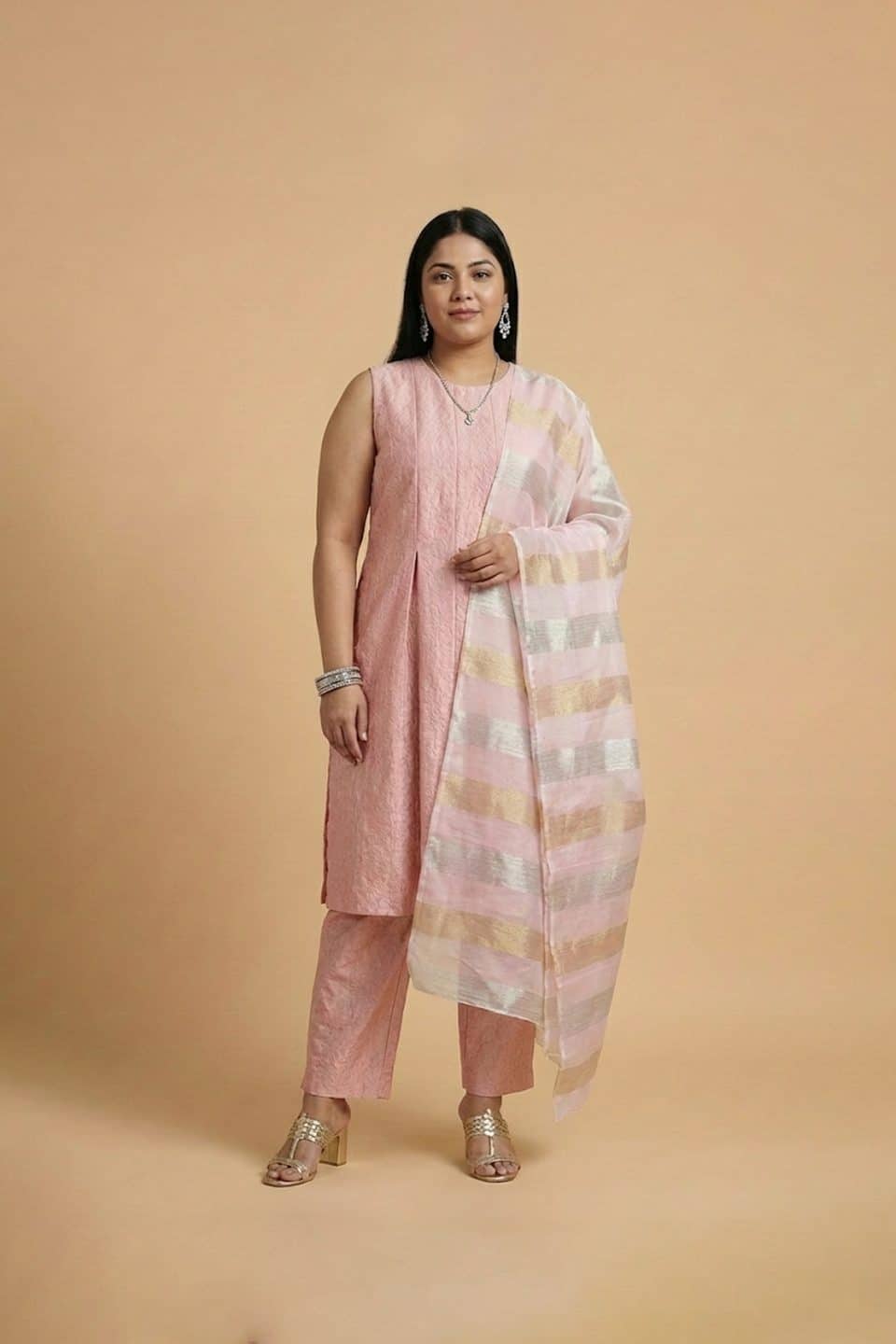 Soft pink kurta pant set with matching dupatta for women