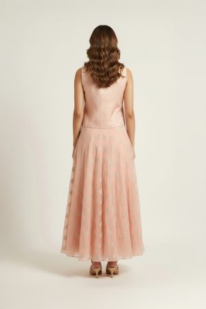 Peach embroidered jacket lehenga set with sleeveless V-neck jacket and flared lehenga