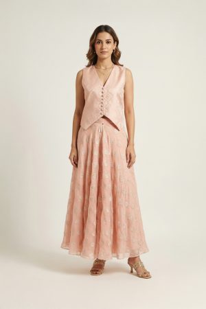 Peach embroidered jacket lehenga set with sleeveless V-neck jacket and flared lehenga