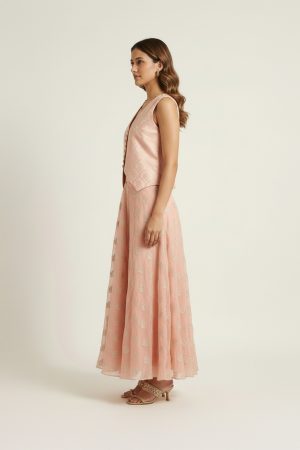 Peach embroidered jacket lehenga set with sleeveless V-neck jacket and flared lehenga