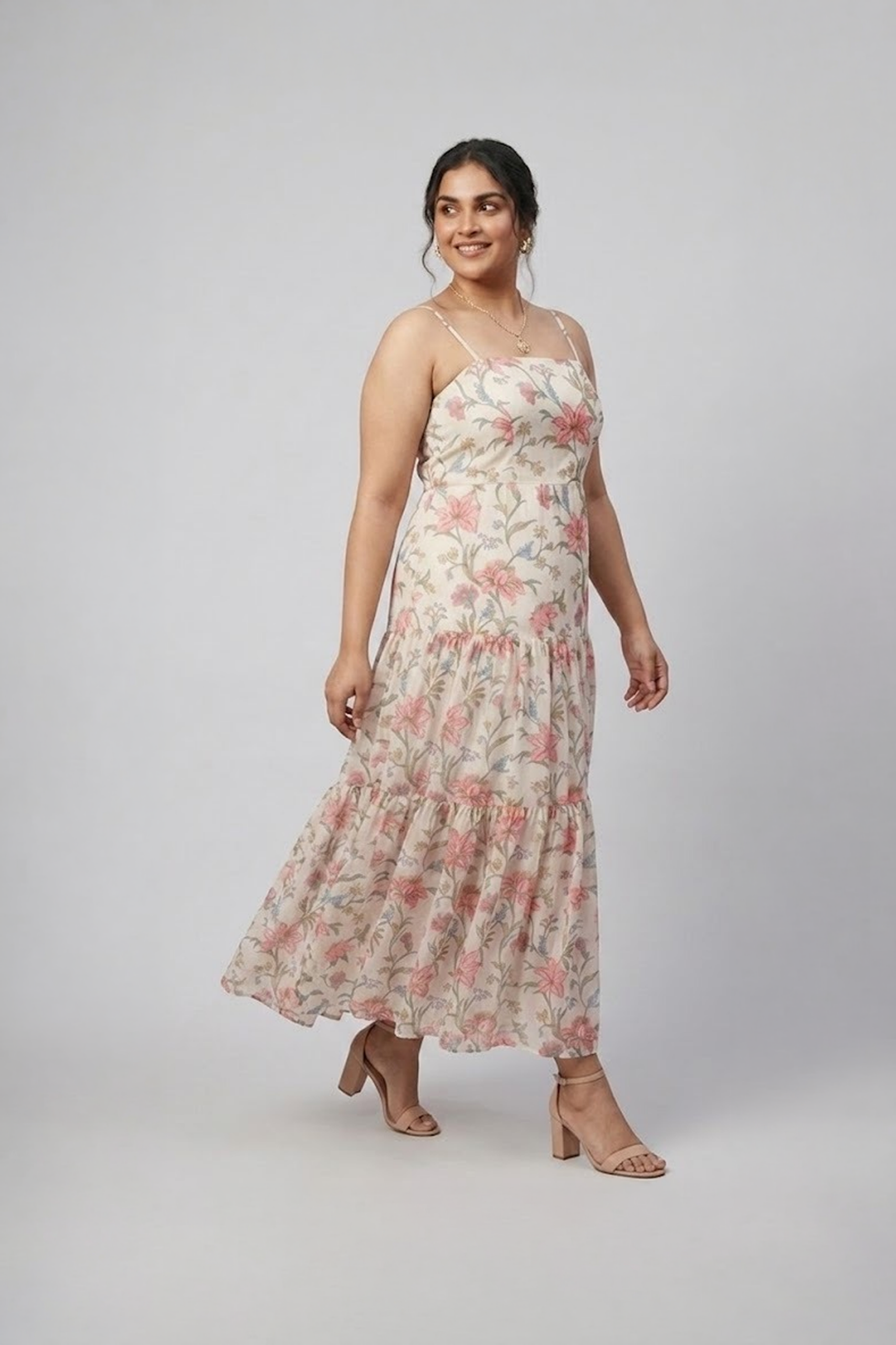 Ivory floral printed tiered maxi dress with shoulder straps