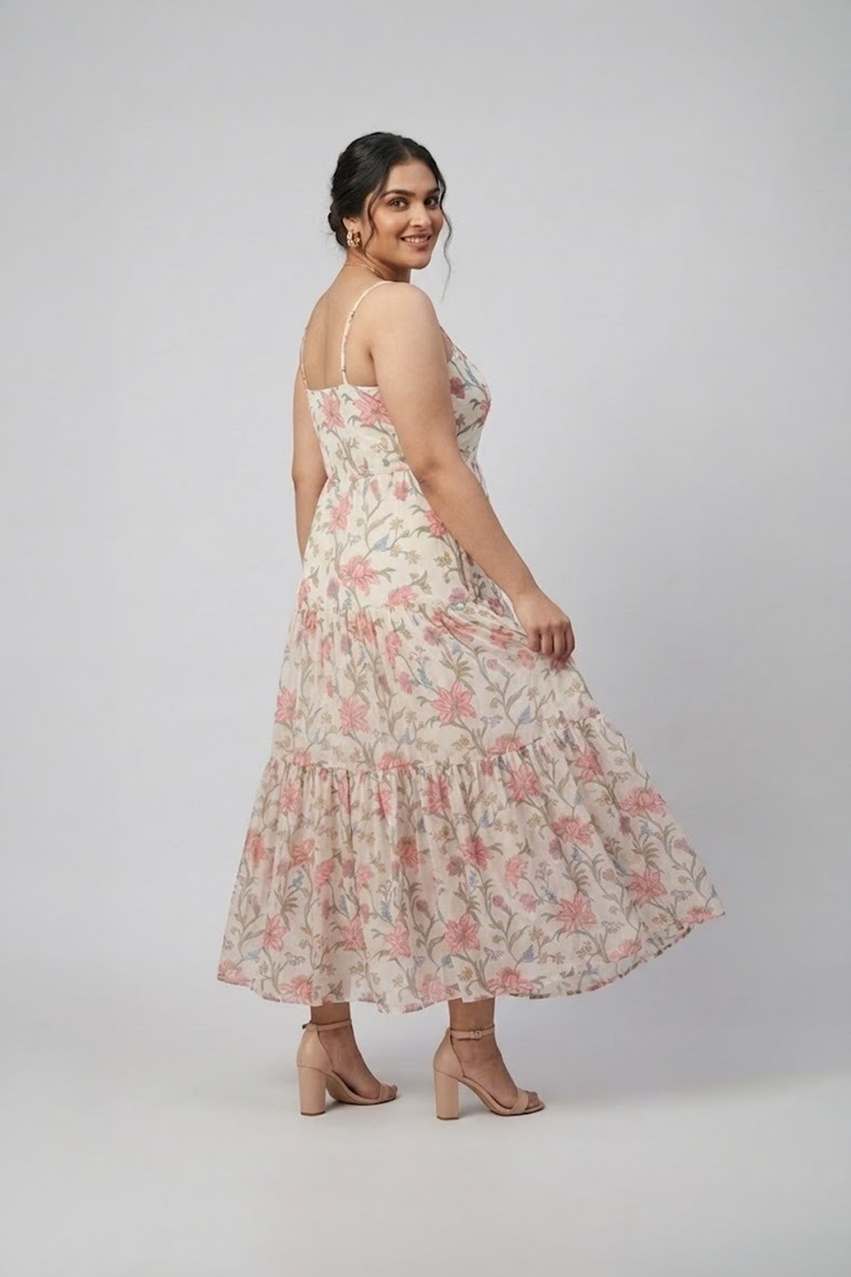 Ivory floral printed tiered maxi dress with shoulder straps
