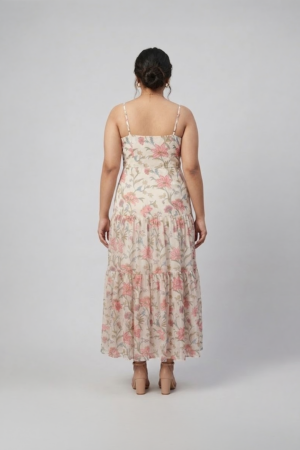 Ivory floral printed tiered maxi dress with shoulder straps