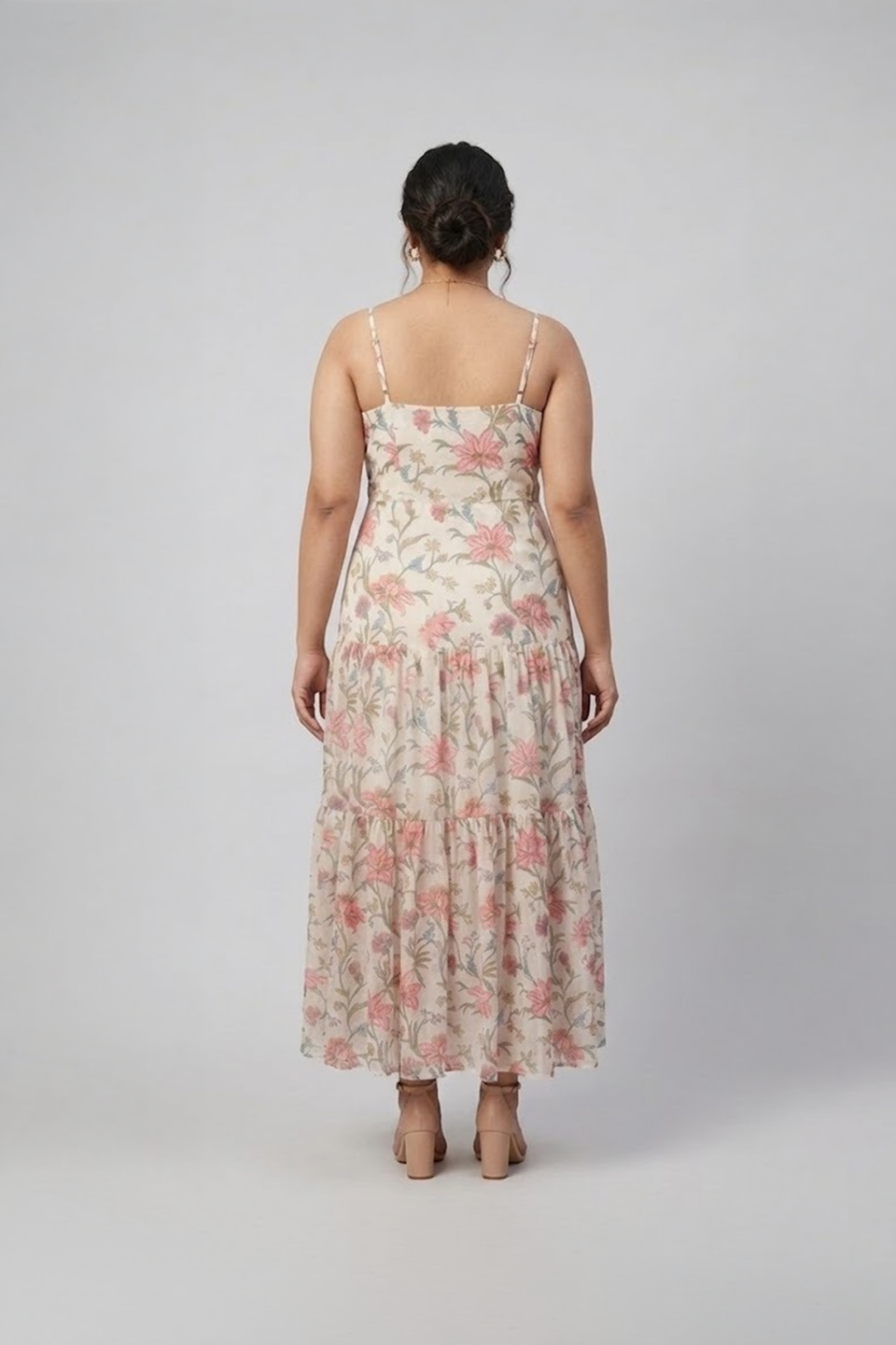 Ivory floral printed tiered maxi dress with shoulder straps