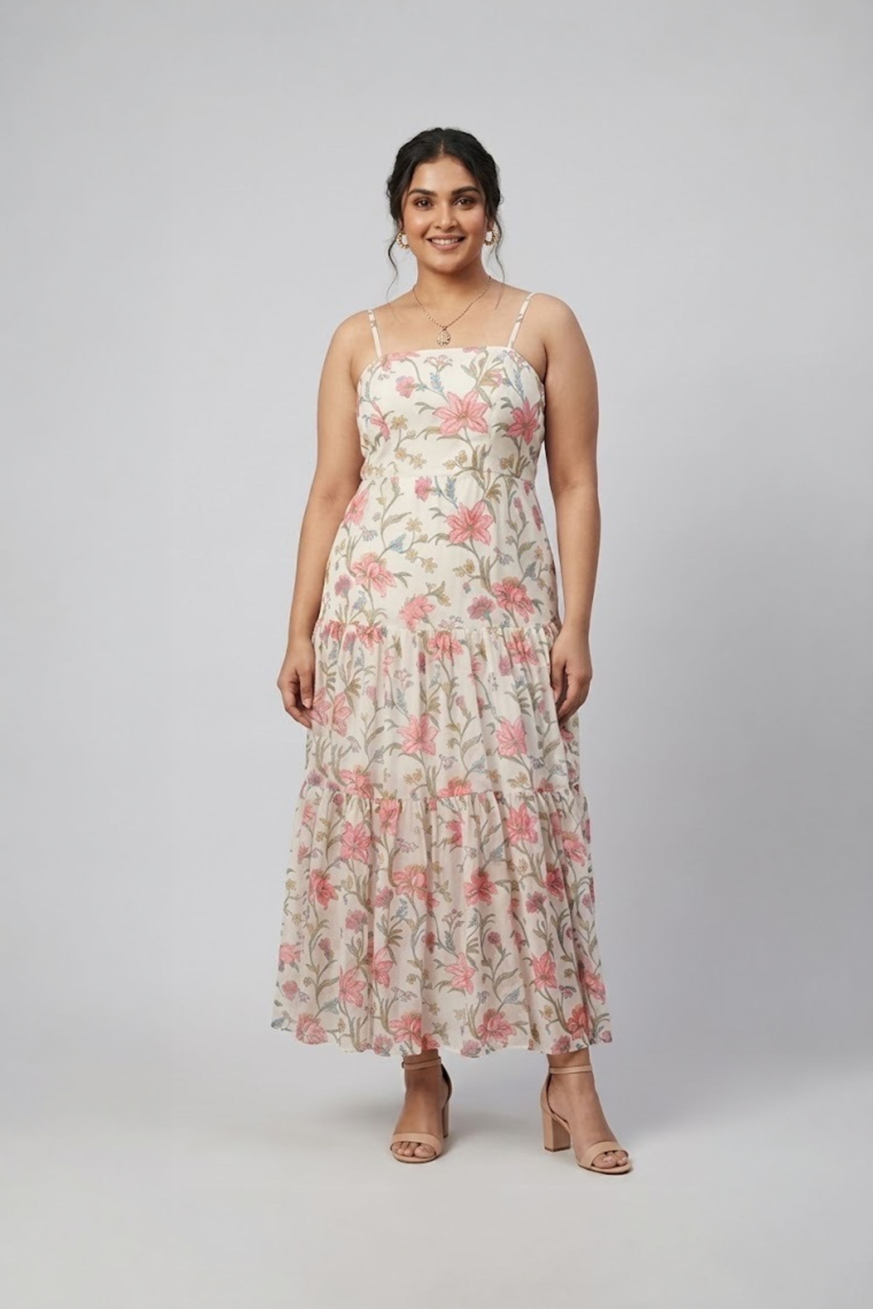Ivory floral printed tiered maxi dress with shoulder straps