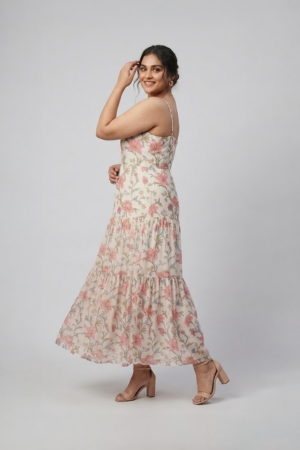 Ivory floral printed tiered maxi dress with shoulder straps
