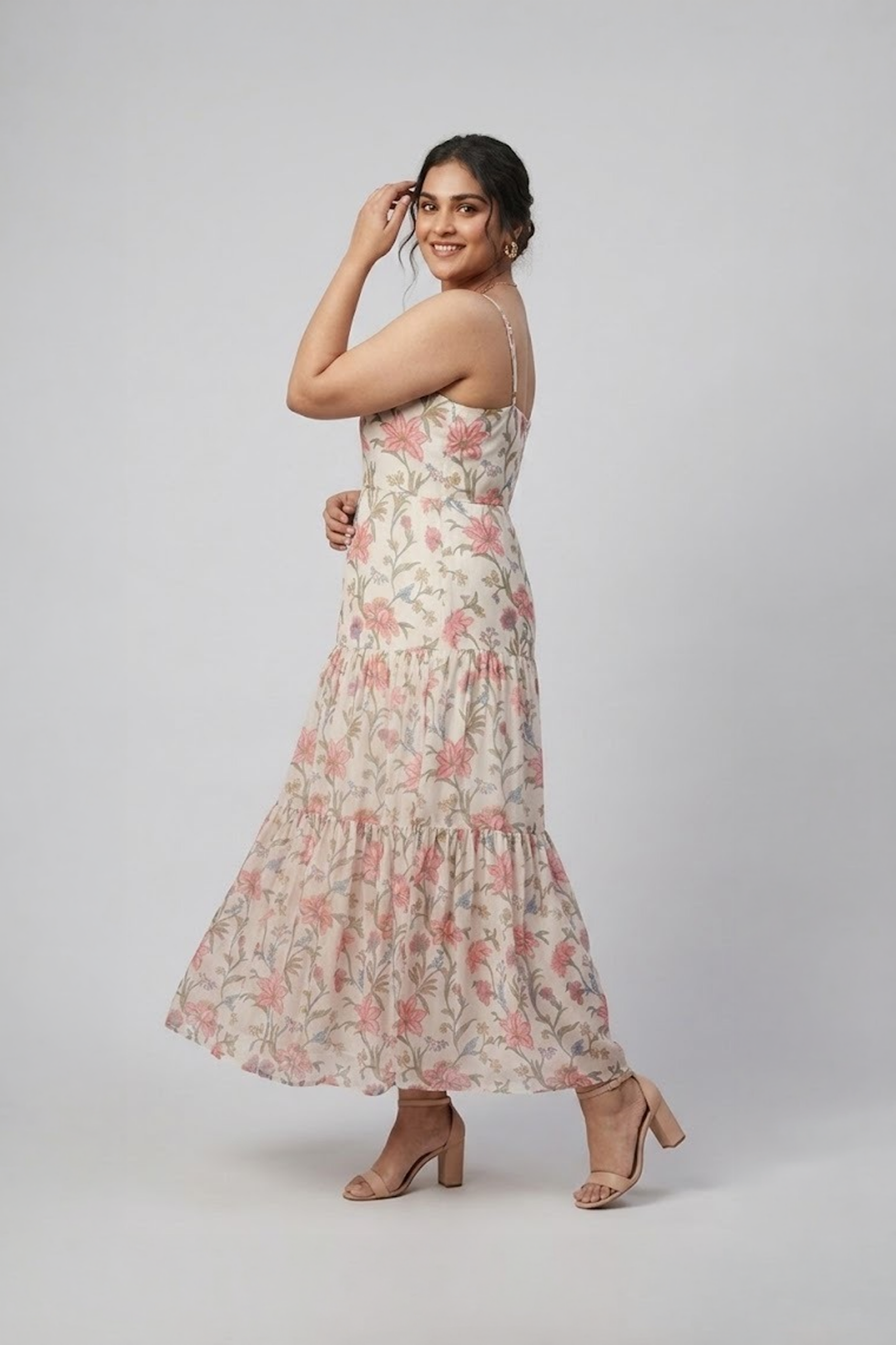 Ivory floral printed tiered maxi dress with shoulder straps