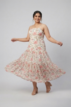 Ivory floral printed tiered maxi dress with shoulder straps