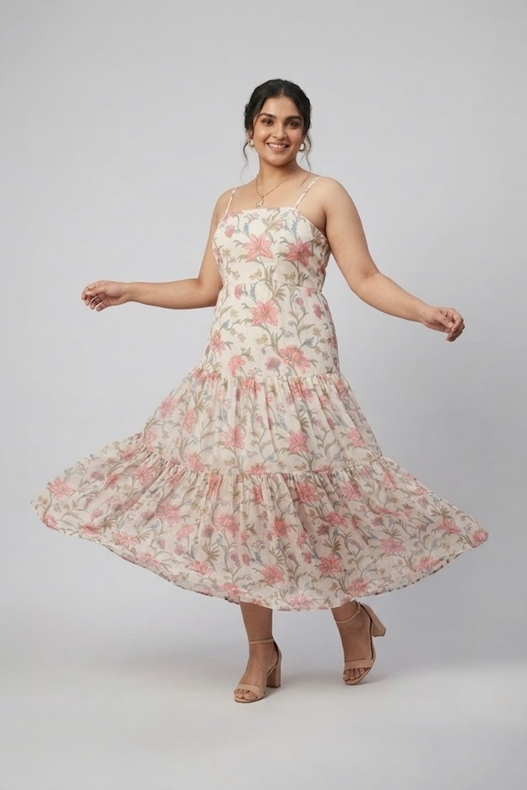 Ivory floral printed tiered maxi dress with shoulder straps
