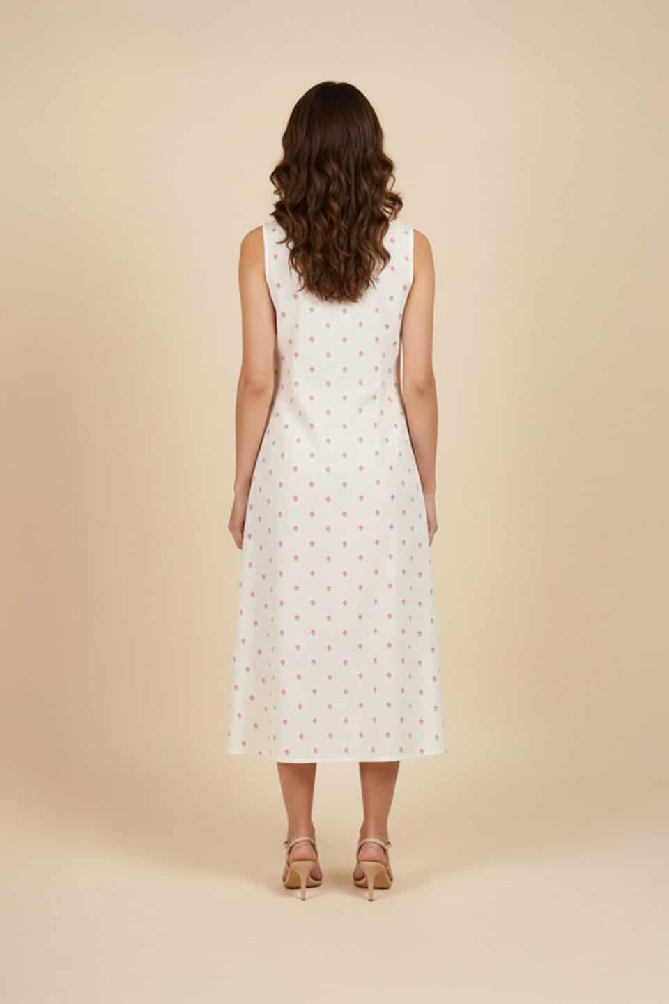 Ivory floral midi dress with sleeveless round neckline and pink floral print