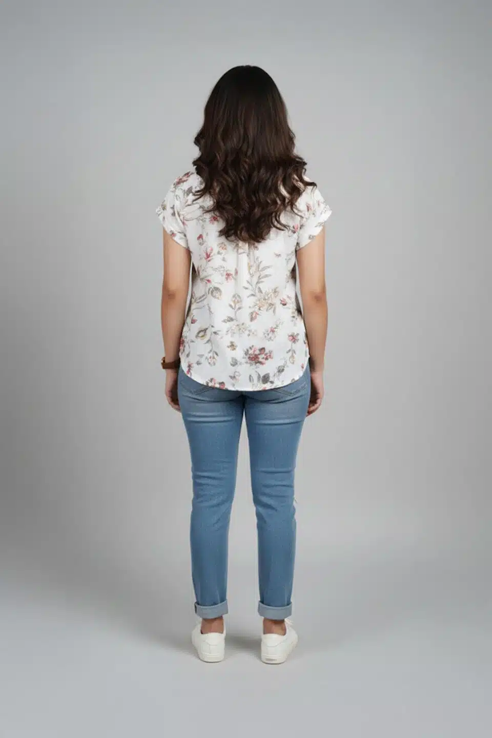 Cream floral shirt top for women, alternate full-length view