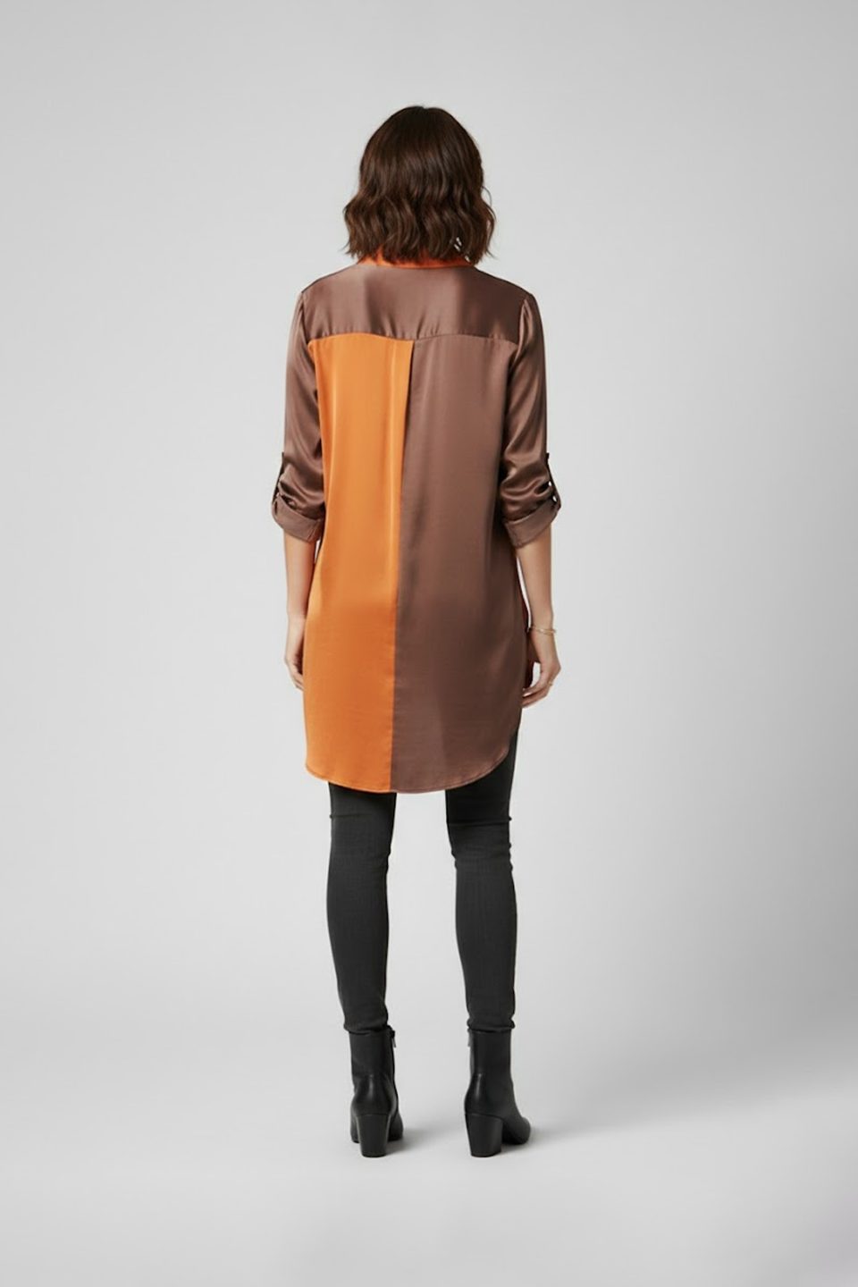 Two Tone Satin Shirt in Orange and Brown with High Low Hem