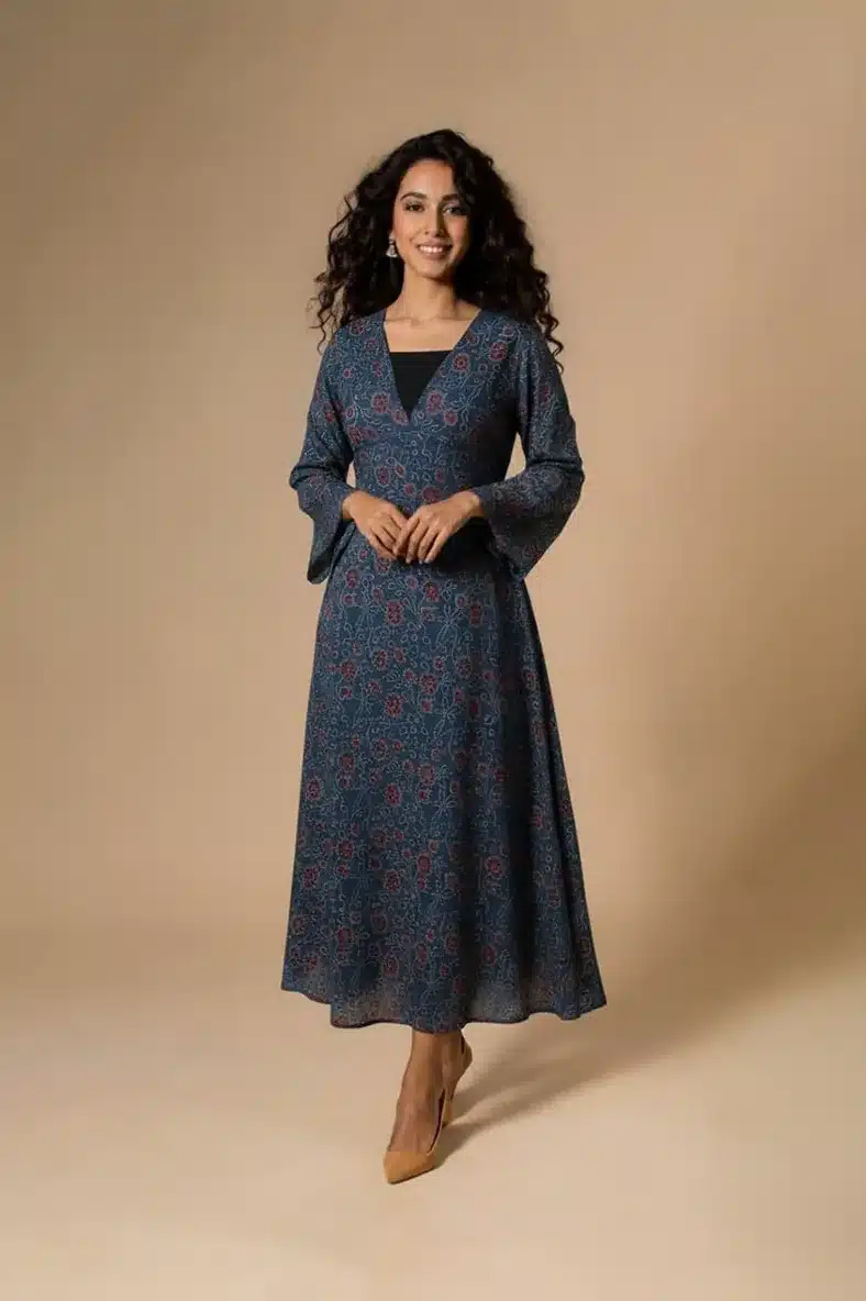 Blue Floral Ajrakh Maxi Dress