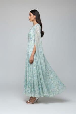 Pastel green floral cape sleeve maxi dress with round neckline and flowy A-line silhouette