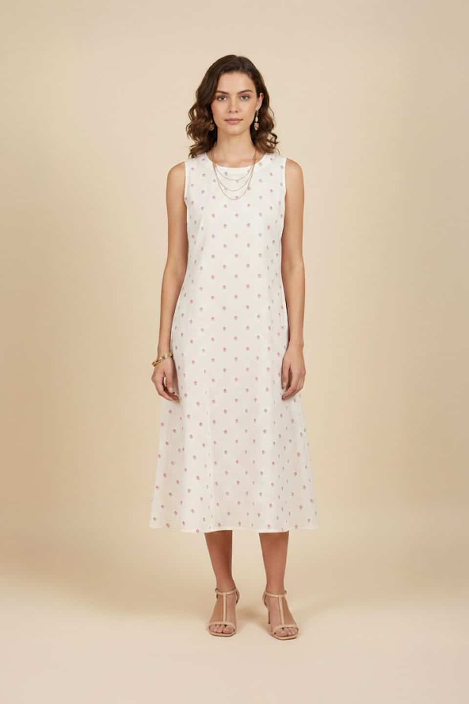 Ivory floral midi dress with sleeveless round neckline and pink floral print