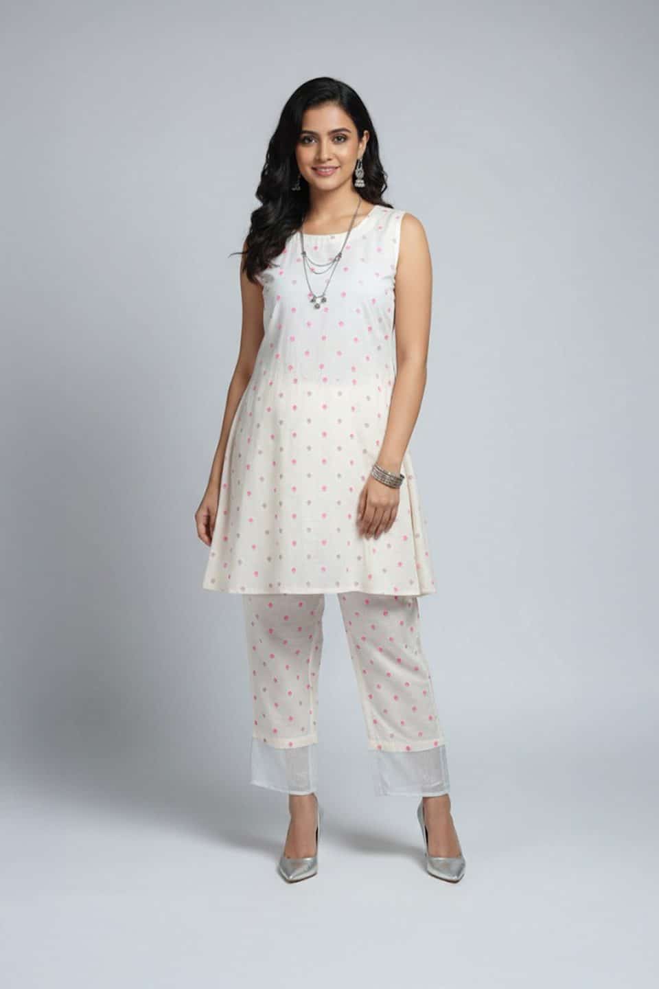 Ivory Buti Kurta Set with Sleeveless A-Line Kurta and Straight Pants