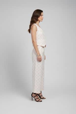Ivory Polka Dot Co-Ord Set with Sleeveless V-Neck Vest and Wide Leg Pants