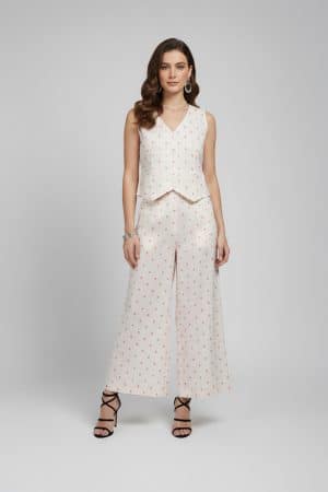 Ivory Polka Dot Co-Ord Set with Sleeveless V-Neck Vest and Wide Leg Pants