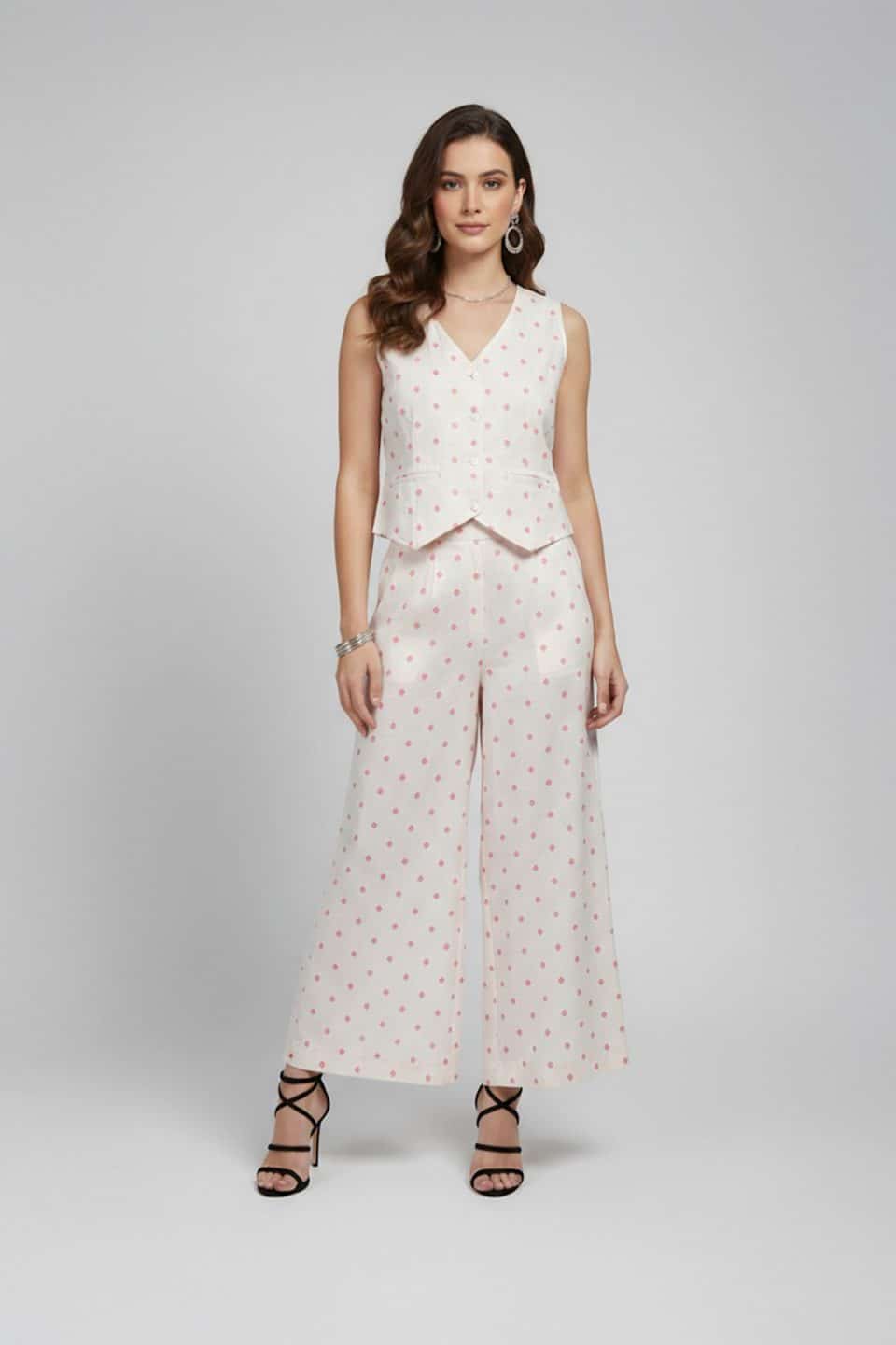Ivory Polka Dot Co-Ord Set with Sleeveless V-Neck Vest and Wide Leg Pants