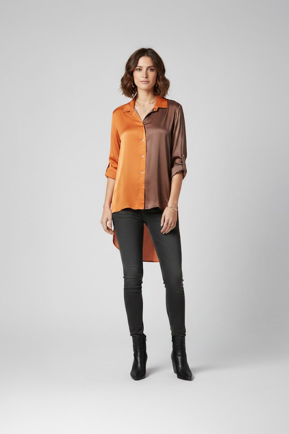 Two Tone Satin Shirt in Orange and Brown with High Low Hem