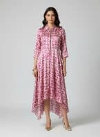 Plus size pink ikat printed high-low dress with three-quarter sleeves and front zip detail