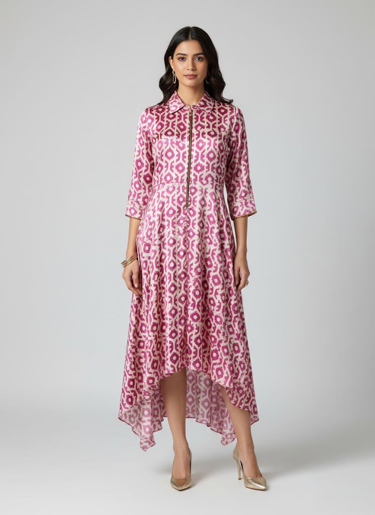 Plus size pink ikat printed high-low dress with three-quarter sleeves and front zip detail